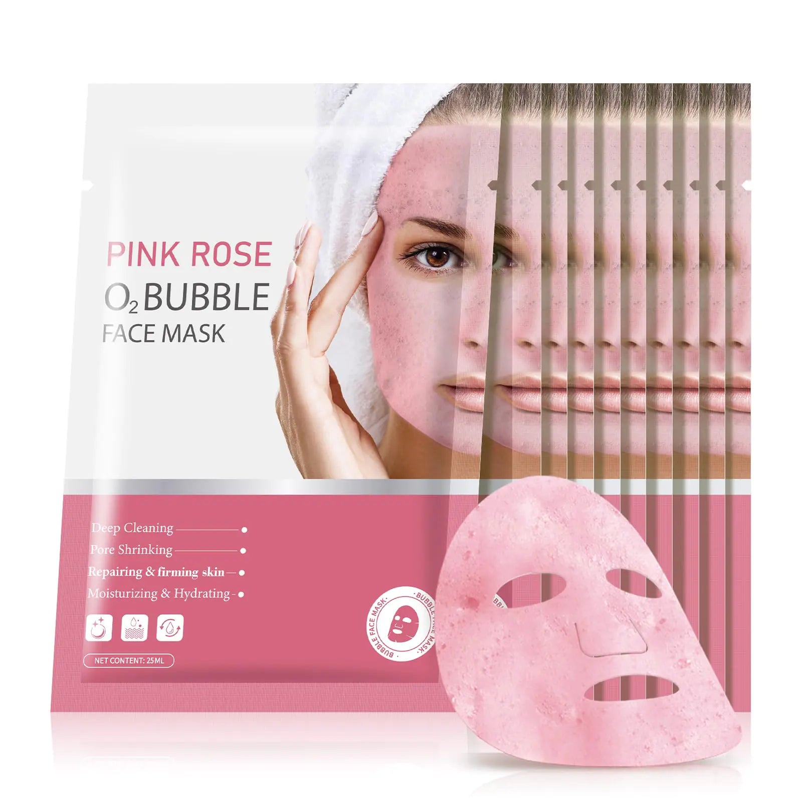 GUOYAOLIFU 10 Sheets O2 Bubble Face Masks Skincare Pink Rose Bubble Sheet Facial Masks for Women Skin Care Foaming Face Sheet Mask Cleaner Foaming Purifying Facial Mask for Spa
