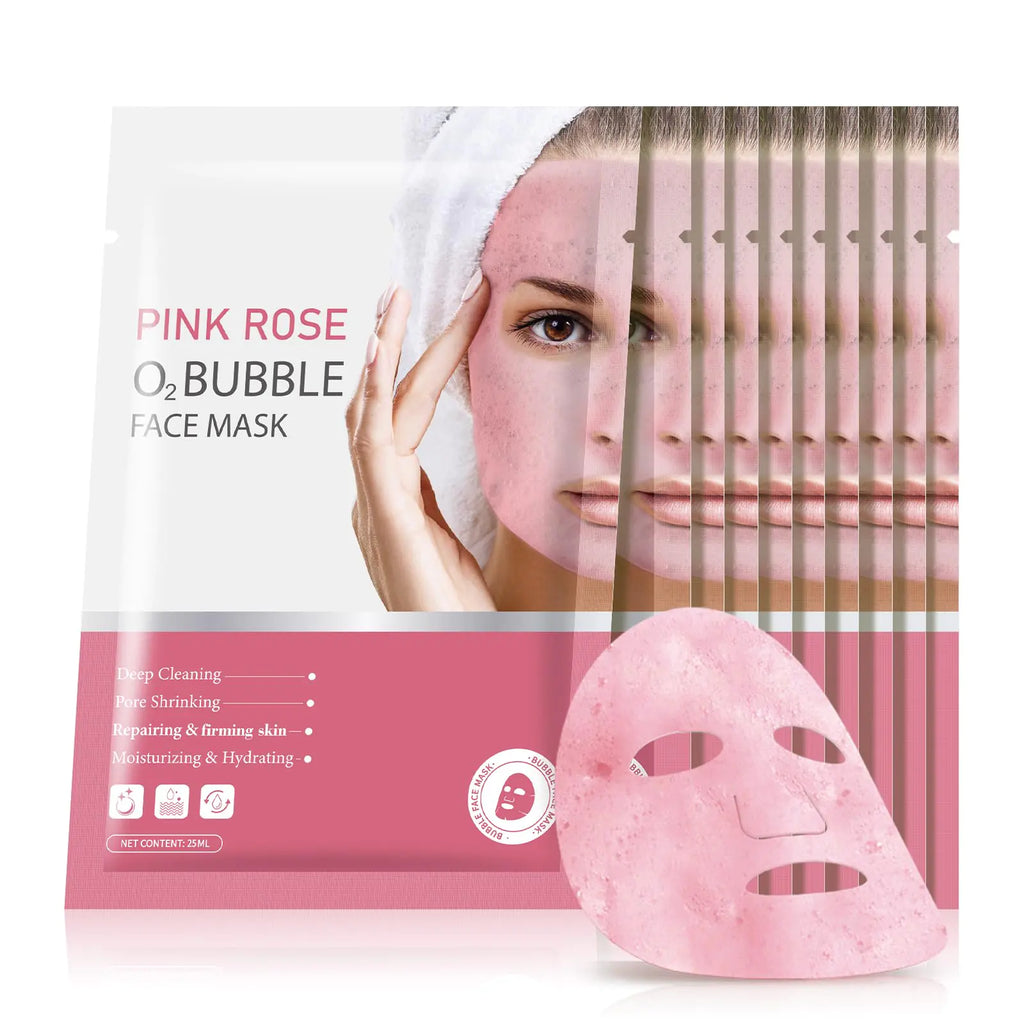 GUOYAOLIFU 10 Sheets O2 Bubble Face Masks Skincare Pink Rose Bubble Sheet Facial Masks for Women Skin Care Foaming Face Sheet Mask Cleaner Foaming Purifying Facial Mask for Spa