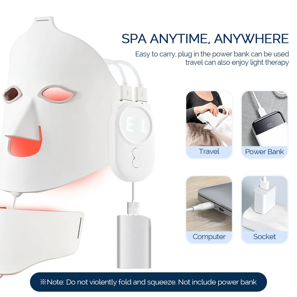 LED face mask with power bank function, shown with text 'Spa Anytime, Anywhere' and usage scenarios.